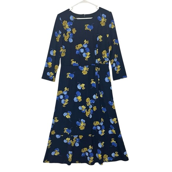 TALBOTS Women’s Midi Dress Size 8 FLORAL JERSEY TWIST FIT & FLARE Blue Stretch - Picture 2 of 12